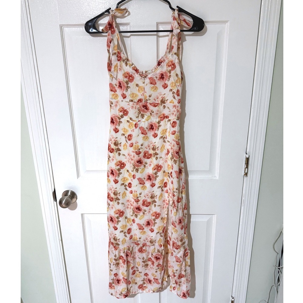 Abercrombie & Fitch Emerson Floral Tie-Strap Midi Dress Cream Pink XXS Tall NEW